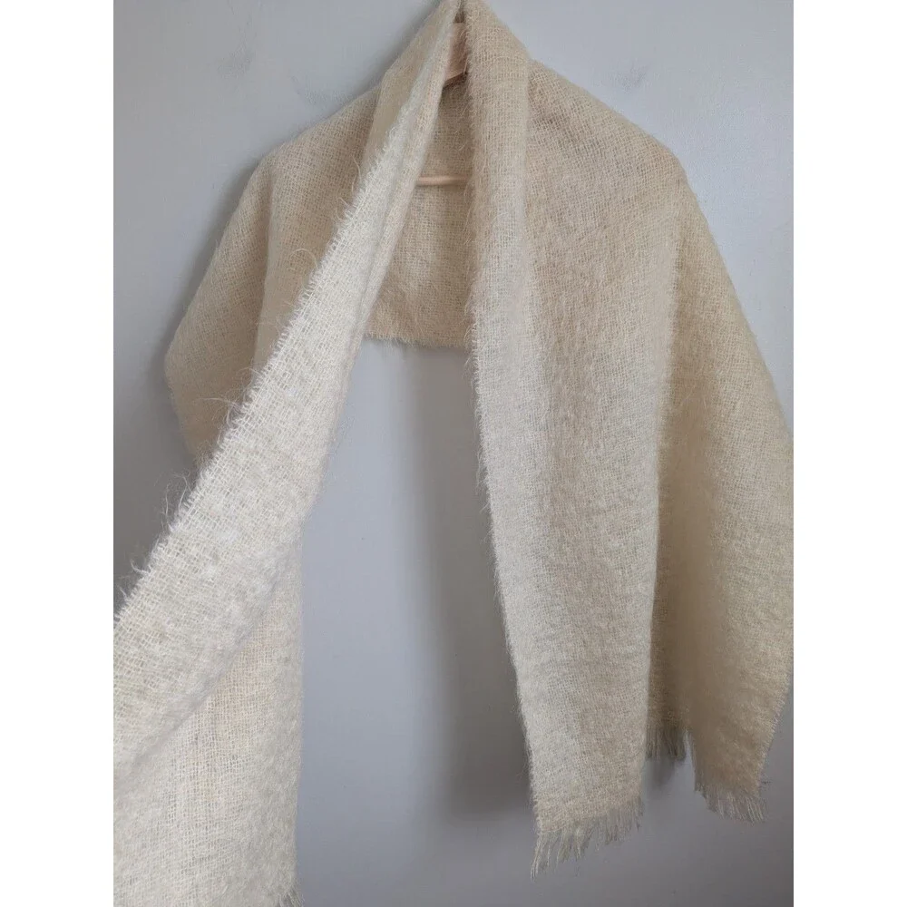 Vintage Wide Mohair Wool Shawl Scarf Wrap Stole Fringe Cream Ivory 75x19